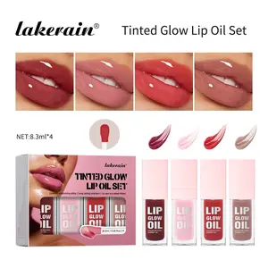 Moisturizing Tinted Lip Oil Kit, Nourishing Lip Gloss with Sheer Color, Reduces Fine Lines & Enhances Lip Volume, Glossy Watery Shine, Long-Lasting Hydration (4 Shades)