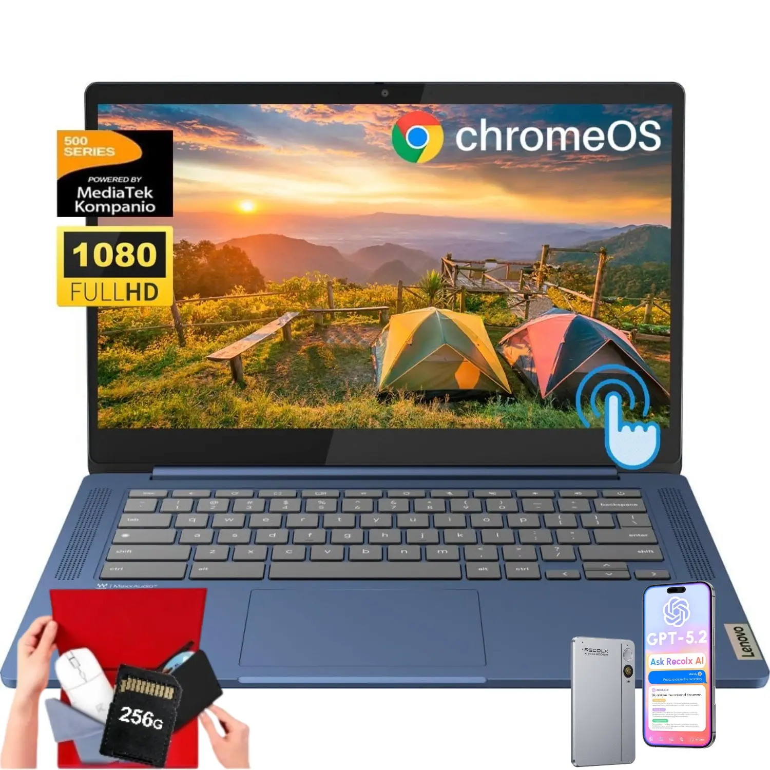 Lenovo  Slim 3 Chromebook Laptop - 14" FHD Touch Screen for Student Business, 8-Core MediaTek 520 Processor, 4GB RAM, 64GB eMMC, 256GB Micro SD, 13.5 H of Use, Wi-Fi 6, Webcam, Chrome OS