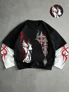 Unisex Gothic style t-shirt with Gothic rune angel and thorn Gothic totem pattern print, suitable for spring and autumn. Features a faux two-piece design. Perfect for streetwear, Y2K style, Gothic fashion, hip-hop/rap style, couple outfits