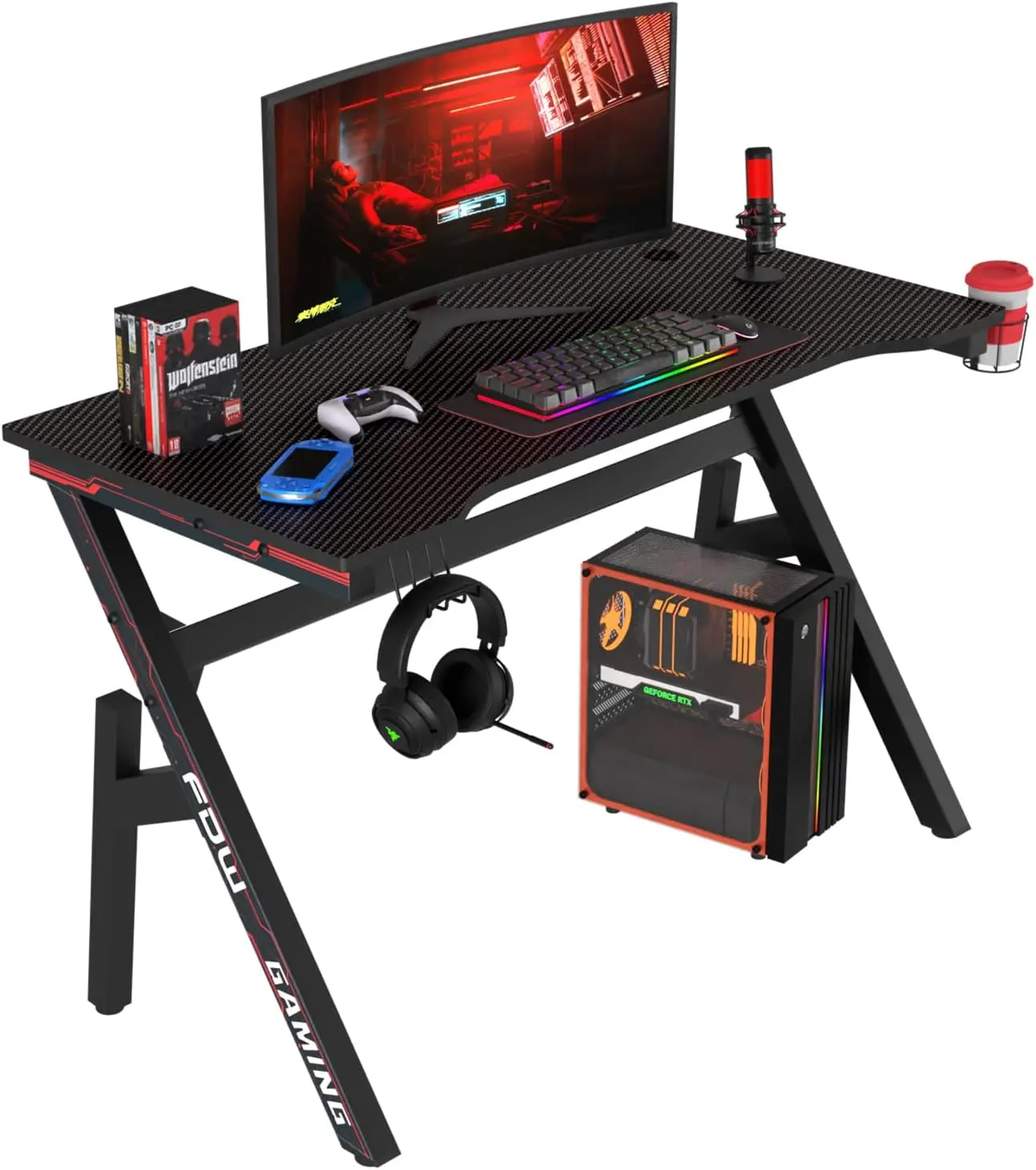 47-Inch Modern Ergonomic Gaming Desk - Carbon-Fiber Textured Finish Steel Frame Black PC Workstation, Home Office Table with Cup Holder, Headphone Hook, Desks for Gaming, Gaming Desks