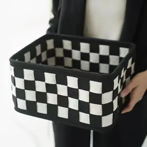 Black and White Checkered Felt Storage Basket Desktop Cosmetics Storage Organizer Snack and Toy Storage Basket Minimalist Ins Style Home Decor