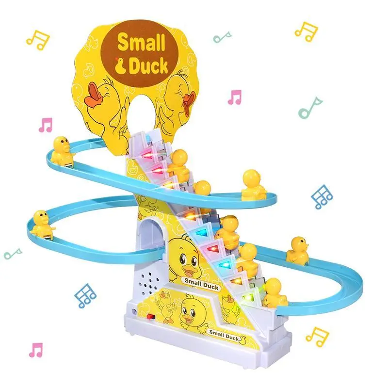 Cute Duck-Shaped Sensory Electric Chase Race Game Toy - Musical Light-Up, LED Lights, Duck-Motif Climbing Stairway Slide Track, Ideal Electric Gift for Kids