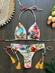 Women's All Over Print Fringe Halter Triangle Bikini Set, High Stretch Casual Fashion Tie Back Backless Swim Top & Tie Side Swim Bottom for Beach Holiday Vacation, Ladies Swimsuit for All Seasons