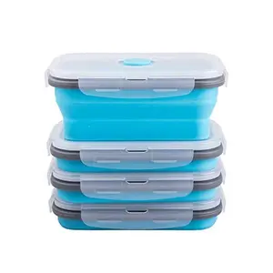 Collapsible Food Storage Containers with Airtight Lid & Air Vent, 16.9 oz, Kitchen Stacking Silicone Collapsible Meal Prep Container Set for Leftover, Microwave Freezer Dishwasher Safe, Blue, Set of 4