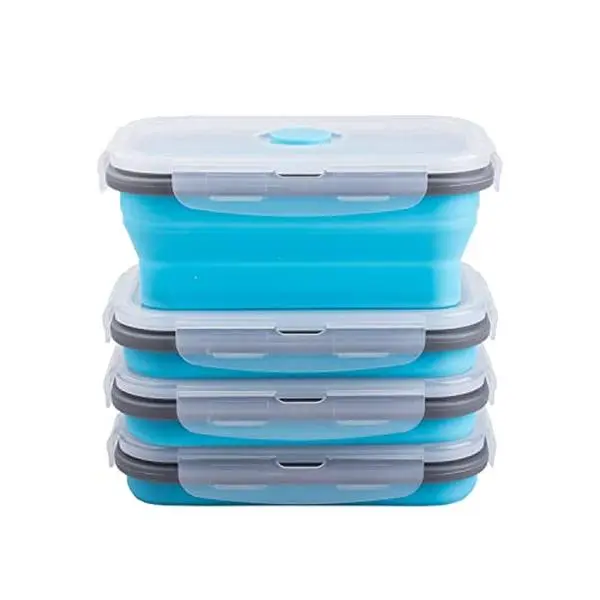 Collapsible Food Storage Containers with Airtight Lid & Air Vent, 16.9 oz, Kitchen Stacking Silicone Collapsible Meal Prep Container Set for Leftover, Microwave Freezer Dishwasher Safe, Blue, Set of 4
