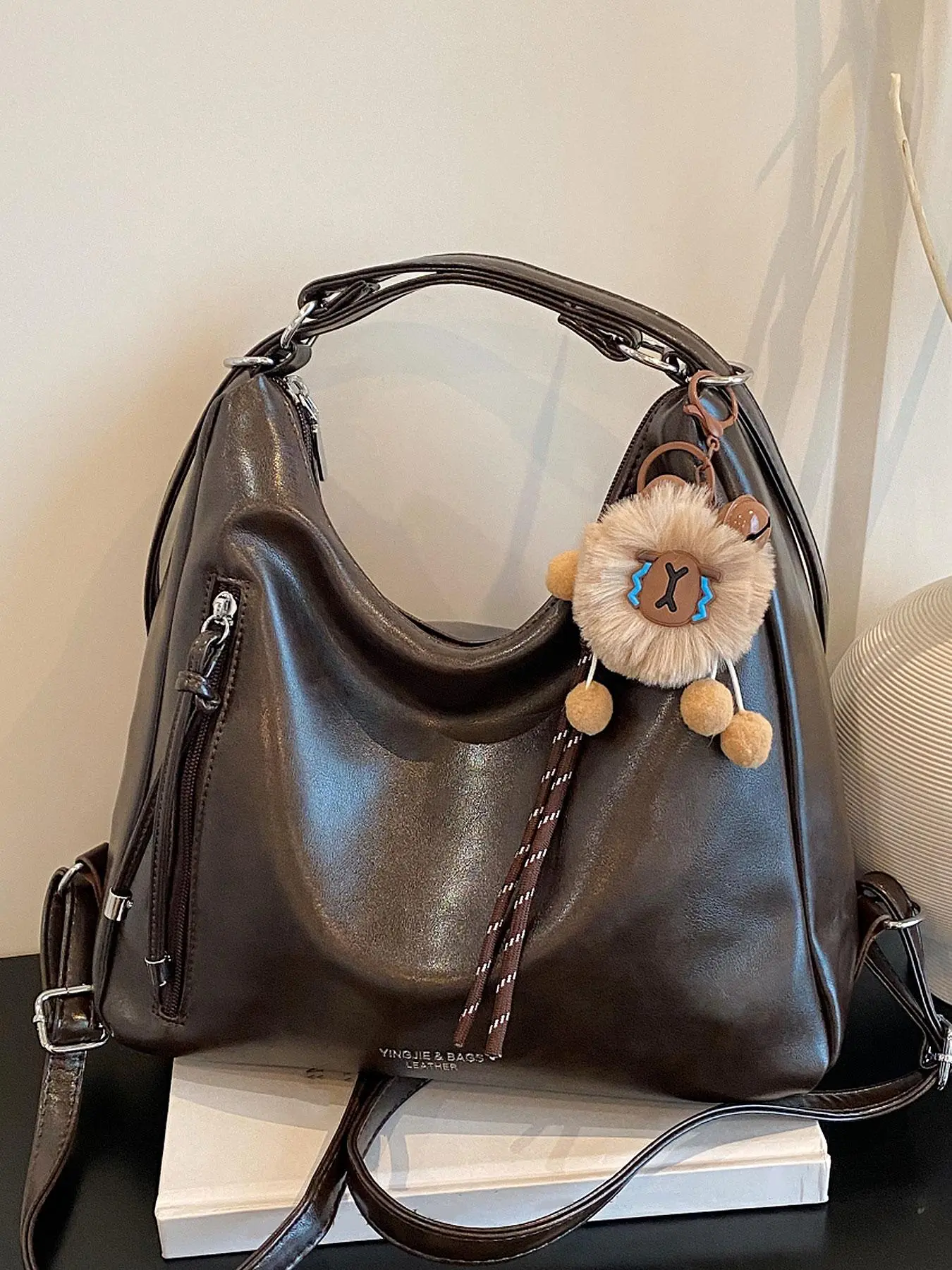 Large capacity retro versatile daily shoulder bag, simple solid color letter multi-layer crossbody bag backpack, casual and niche design crossbody bag, fashionable crossbody bag, Stylish Crossbody Bag, suitable for shopping, daily commuting, and work