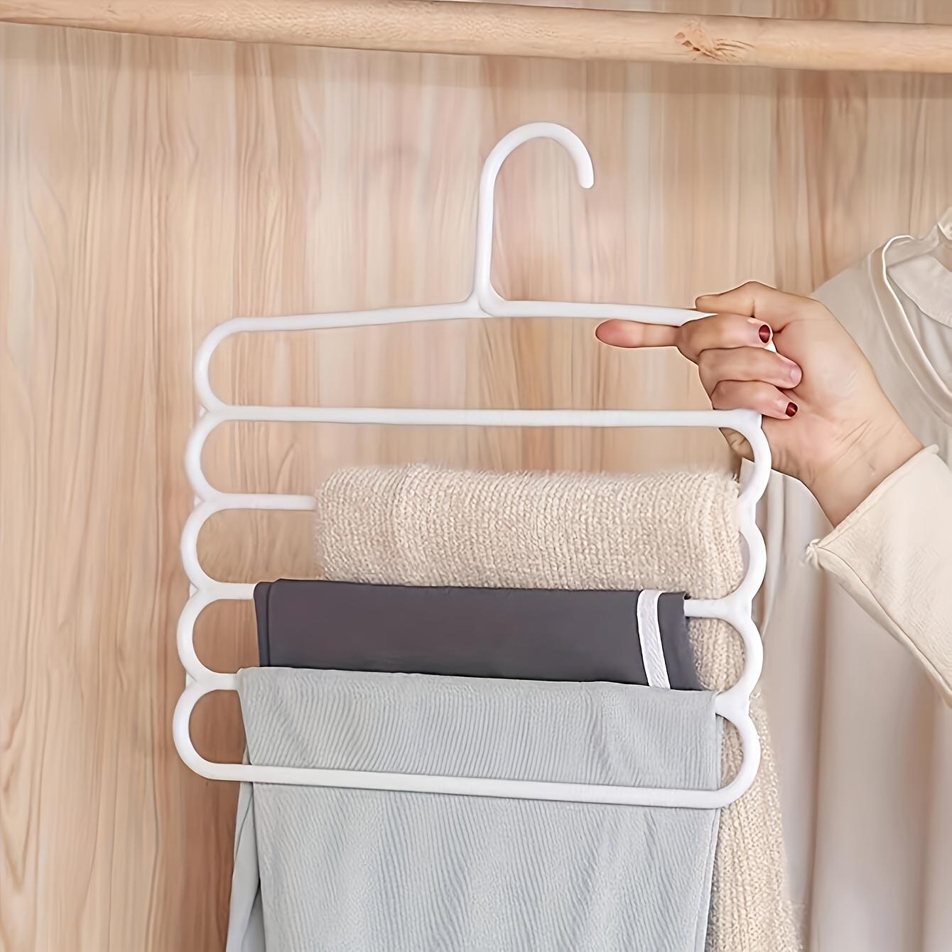 10 Pack 5-Tier Plastic Pants Hanger - Space Saving Closet Organizer with White Hooks, Multi-Functional Hanger for Pants Skirts Scarves, Durable Compact Storage for Apartment