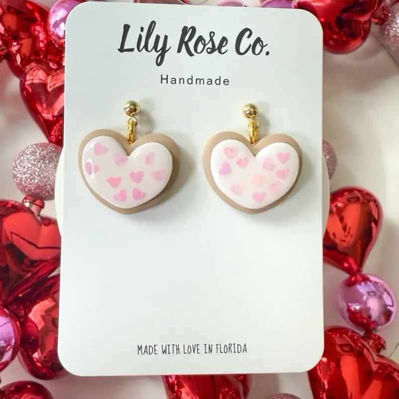 Lily Rose Co. Handmade Valentines Cookie Earrings with Pink Heart Design and Gold Accents Made with Love in Florida