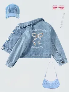Girls' Fun Fashion Casual Denim Jacket, Cartoon Leopard Bowknot Print, Comfortable Fabric, Fitted Design, Spring & Fall Daily Wear, Outdoor Use