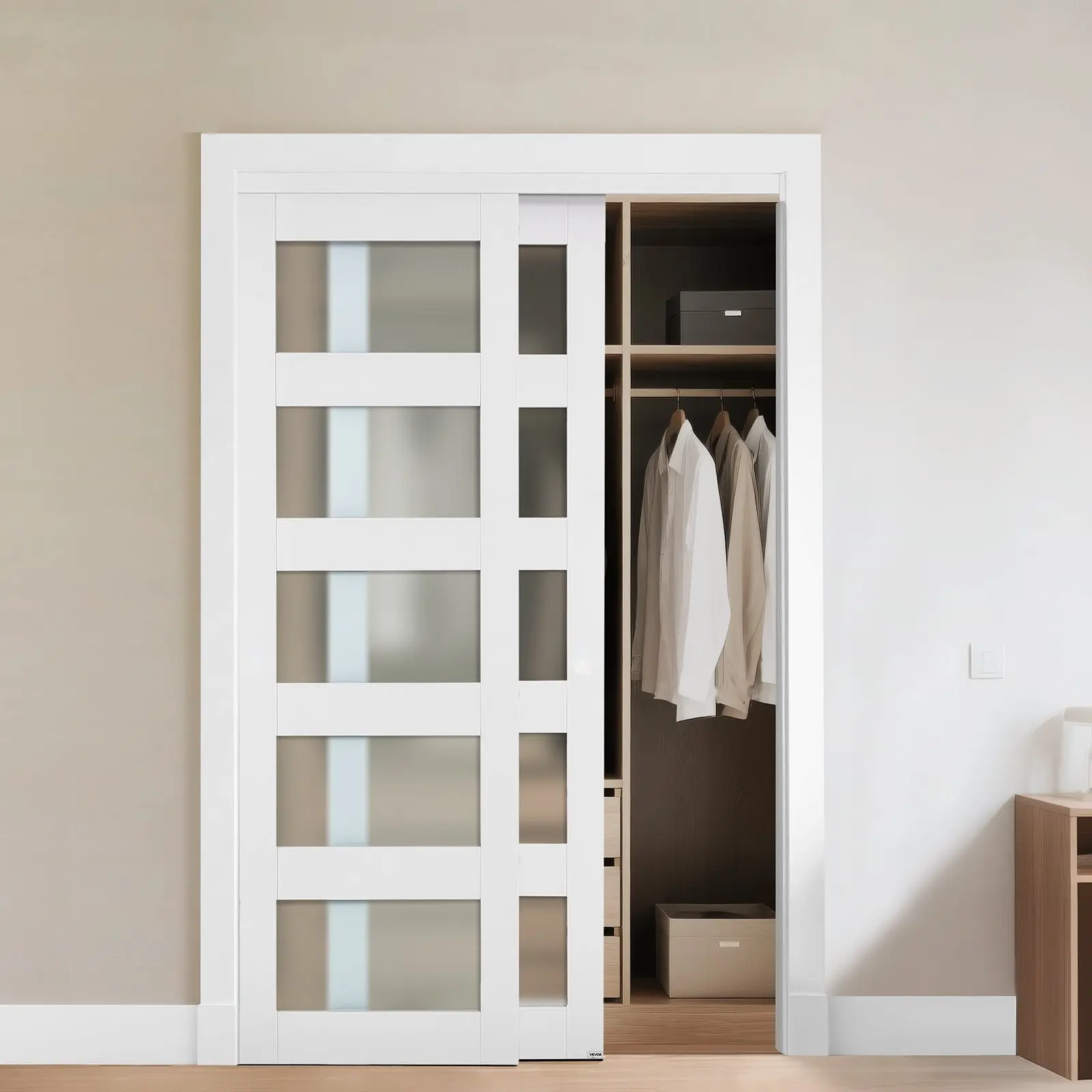 Sliding Closet Door, 48-Inch Wide by 80-Inch High, Double 25-Inch Panels, 5-Lite Frosted Glass Bypass Door for Indoor Wardrobe, Durable Aluminum Frame, Smooth Glide Track, Reversible Installation, Modern Quiet Design