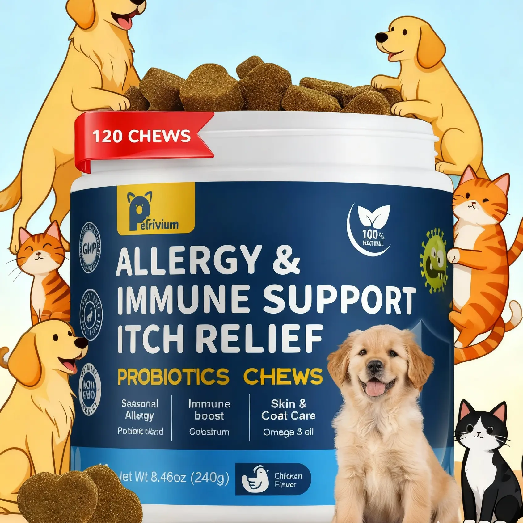 Petrivium Allergy & Itch for Dogs,Dental cleaning powder,32-in-1 Mutivitamin,Probiotic Chews,Turkey tail mushroon, powder,Hip&Joint chews,Natural drops for dog-#Summervibes#petlovers
