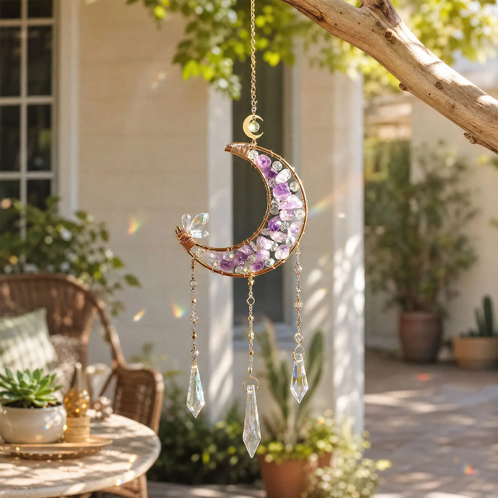 Crystal Sun Catcher Handmade Amethyst Moon Frame Suncatcher for Indoor Outdoor Decor Dreamy Light Shadow Effect Rainbow Maker Bless Gift