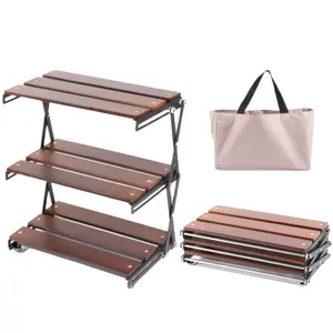 3-Tier Foldable Wooden Camping Shelf with Metal Frame Portable Countertop Storage Rack Folding Camping Table for Outdoor Picnics Camping & Backyard