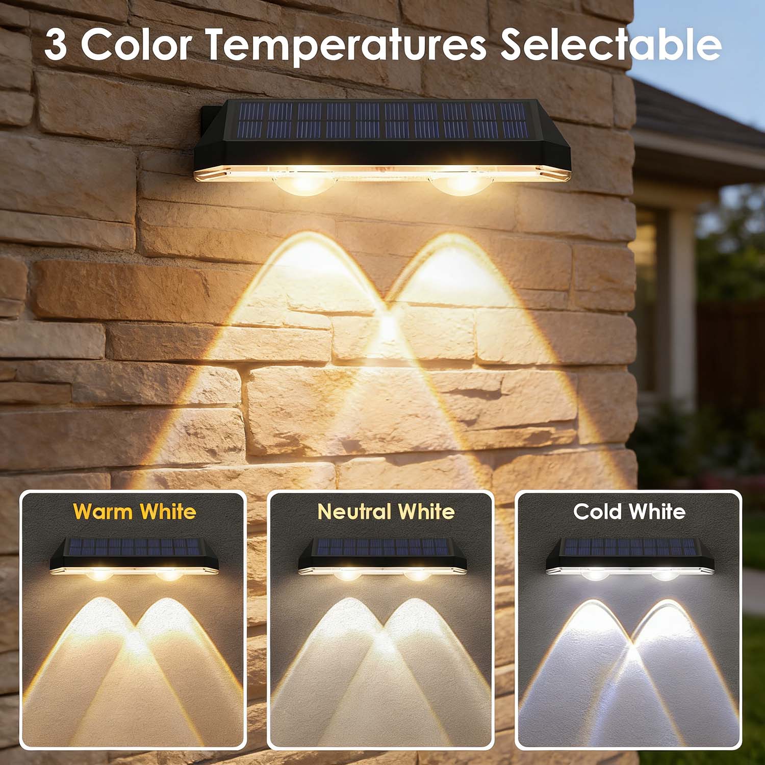 Solar Fence Lights 2 Pack, 3 Lighting Modes Warm White/Daylight White/Cool White Solar Outdoor Lights, Waterproof Deck Lights for Fences, Stair Railings, Pool Side, Walls and Patio