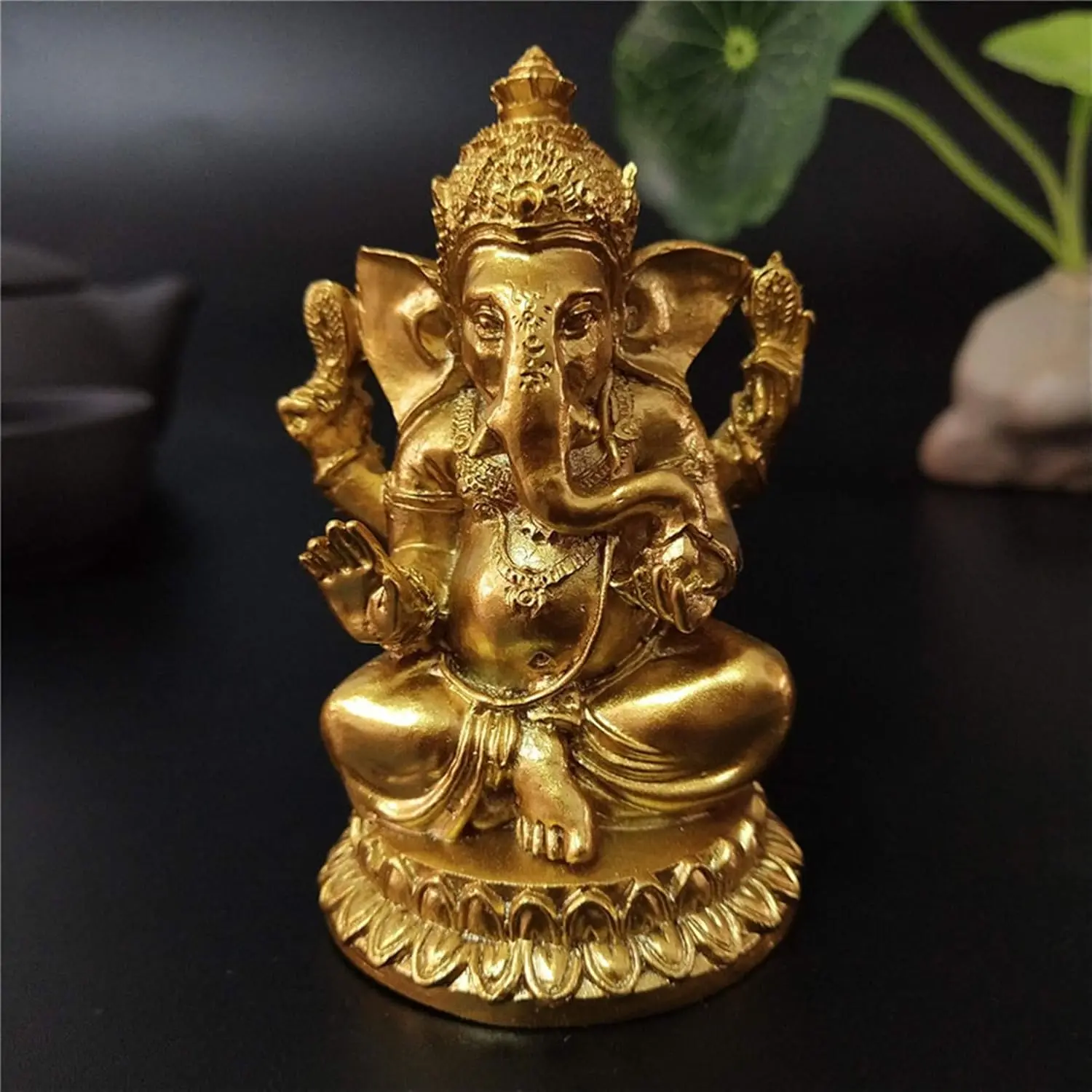 Gold Lord Ganesha Resin Statue - Hindu Elephant God of Hinduism for Good Luck & Wealth, Handmade Religious Decor, Interior Room Decor Ornament for Home Living Room Gift, Decorative