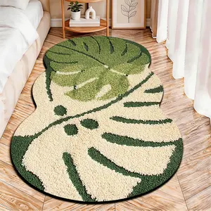 2D Flat velvet irregular rug with tufted monstera leaf pattern, machine washable non-slip carpet for bedroom, all seasons & holiday decor, durable & easy to clean.