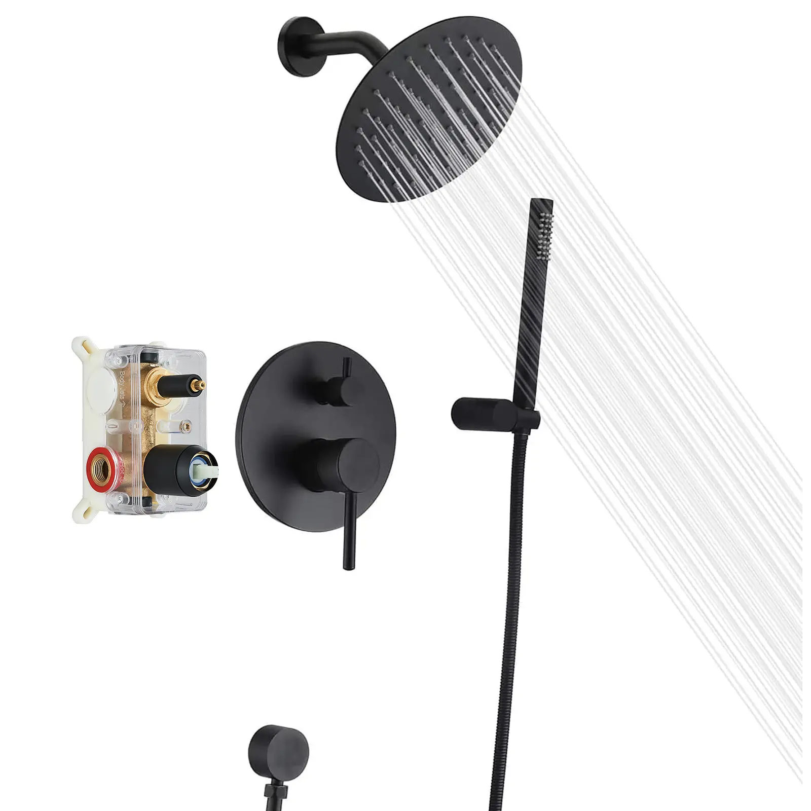 Shower Faucet Set Rain Shower System with Handheld Spray Bathroom Shower Combo Rough-in Valve and Shower Trim Kit Included Matte Black 8 Inch Wall Mount Shower Head