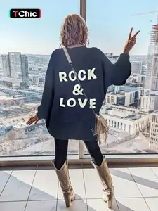 Women's Letter Print Open Front Cardigan, Casual Drop Shoulder Long Sleeve Cardigan for Fall & Winter, Ladies Knitwear for Daily Wear