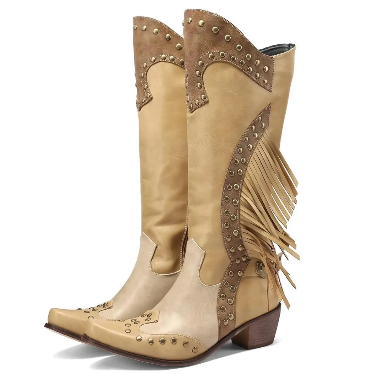 EROCALLI Western Leather Boot for Women, Studded Knee-High Punk Shoe with Fringe and Pointed Toe for Country Music Festivals, Footwear
