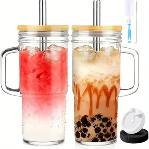 2/4pcs Tumblers with Lid And Straw - 24oz, Hand Wash Only, with Bamboo Lid And Straw,  Mason Glass Cup Drinkware Set, Outdoor Hydration, Leakproof Tumbler, Modern Glassware, Reusable Straw Included, Office Workers