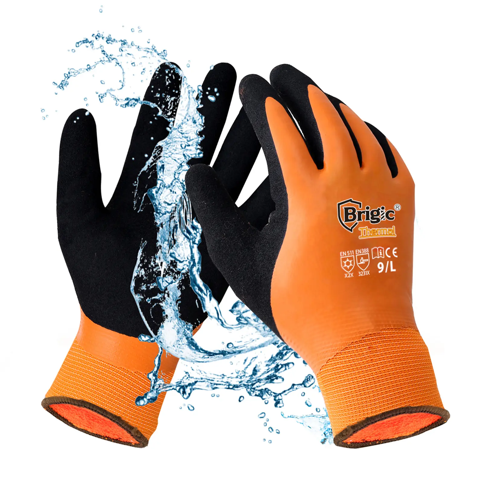 Brigic Men's Winter Work Gloves - CE Certified, Waterproof Insulated Freezer Gloves for 0℃/32℉ Cold & Wet Conditions, Double Natural Rubber Latex Coating, Anti-Slip Grip, Abrasion-Resistant, Automatic Knitted Acrylic Knit Liner, S to XXL