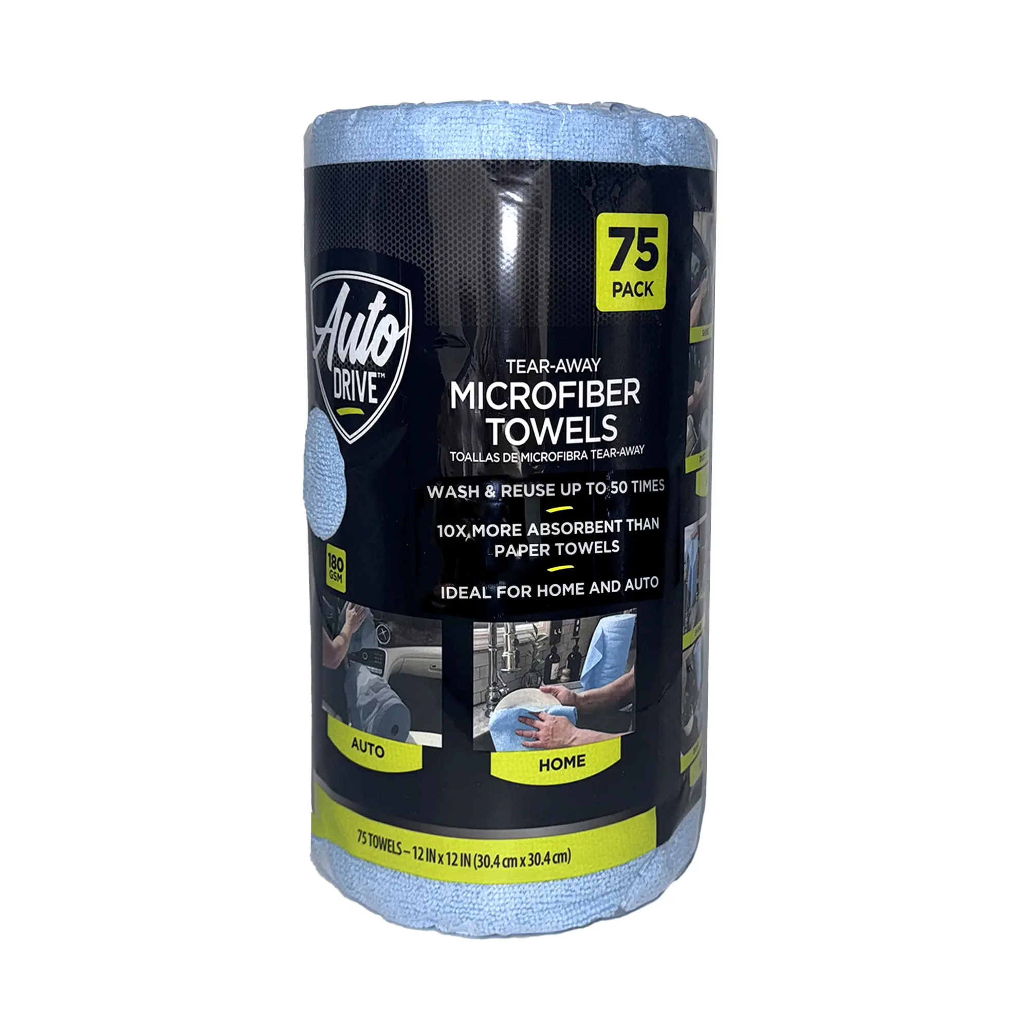 Auto Drive Tear-Away Microfiber Cleaning Towel Roll, 75 Pack, 12 x 12 Inch, Reusable Lint-Free Absorbent Cloths for Car, Home, Glass & Detailing