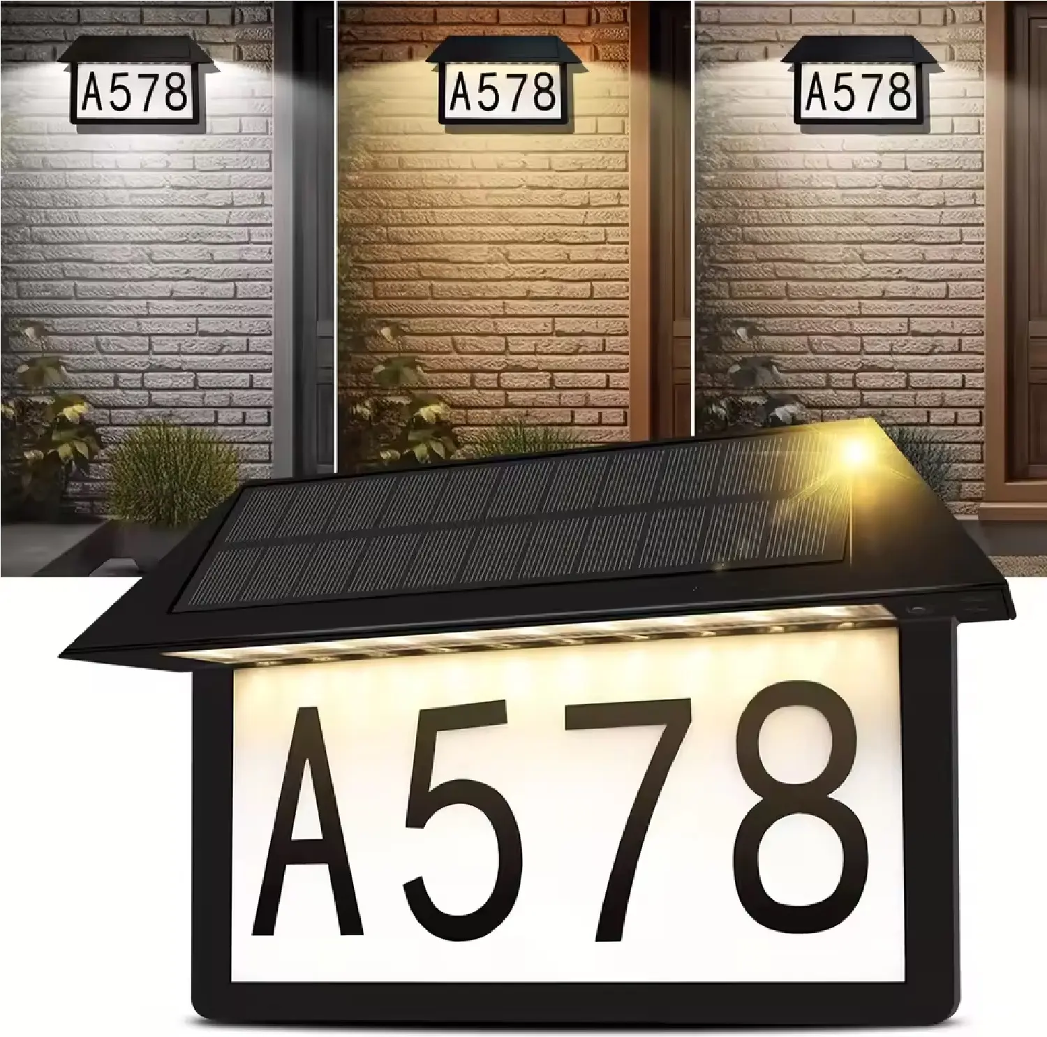 Solar Powered Address Sign House Numbers Light 300LM Waterproof 3 Lighting Modes LED Illuminated Address Plaque with Stakes, Outdoor Address Number