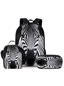Zebra pattern printed 17-inch backpack three-piece set (single-layer backpack + shoulder strap lunch bag + single-layer pencil bag)