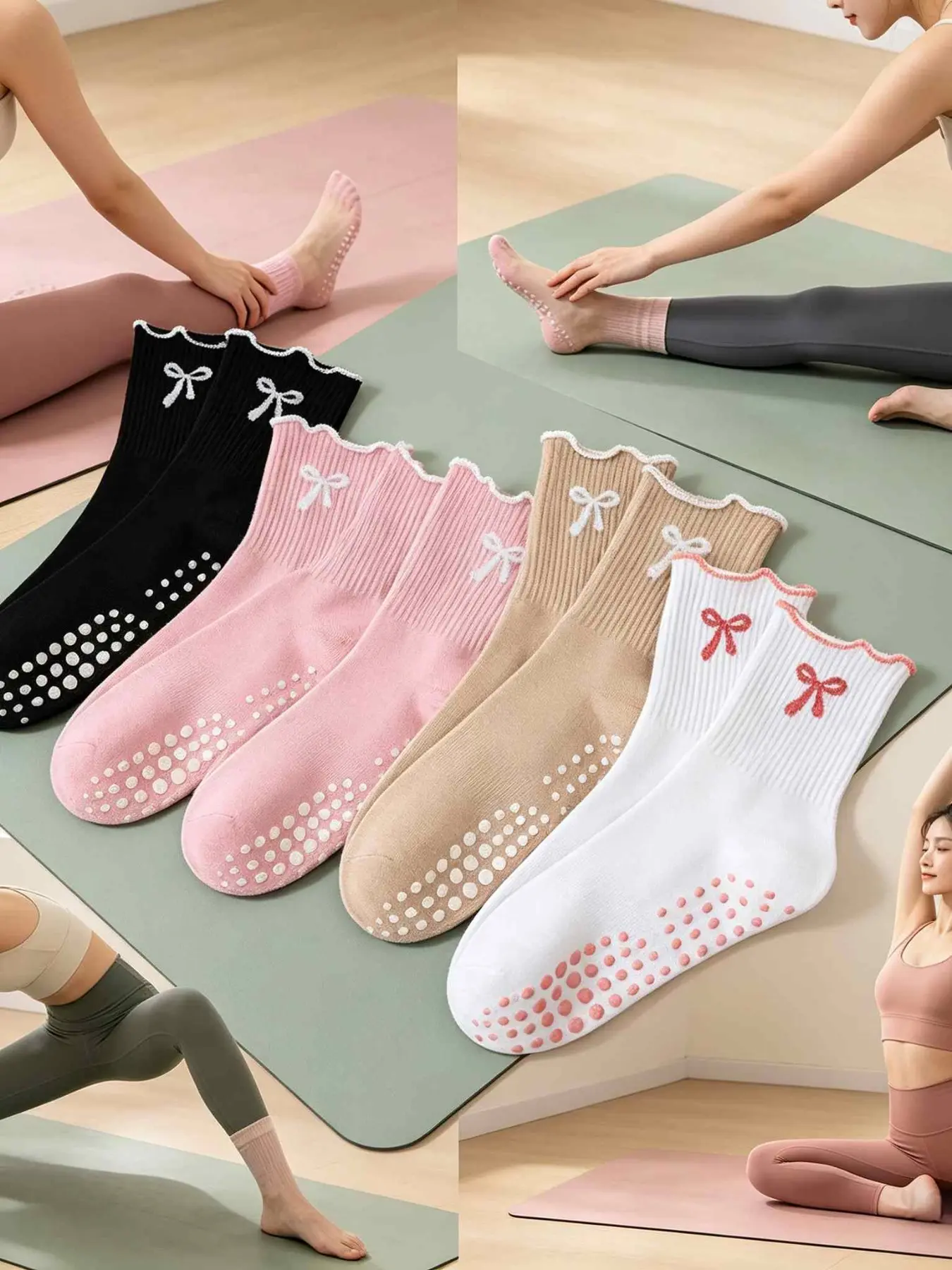 4 Pairs Women's Ruffled Yoga Socks, Cute Pilates Socks, Plunge Yoga Grip Non Slip Socks, Butterfly Pattern Ruffle Round Socks, Ideal for Fitness, Ballet, Dance, Womenswear, Socks with Grips