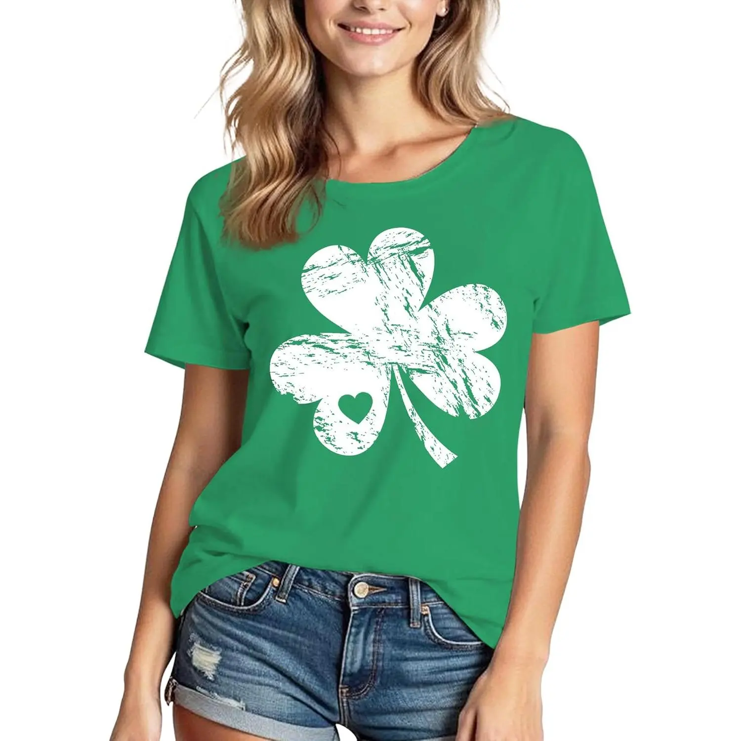 Women's Seamless Short-Sleeve Crew Neck Fit T-Shirt - High-Quality Cotton Fabric Top, Lucky Irish Shamrock Graphic Tee for St. Patrick's Day, PLK0032 (Size Tip: Choose 1 Size Smaller)