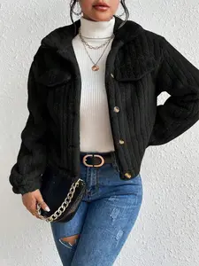 Flap Detail Button Front Flannel Jacket Fall Winter Cloth For Women