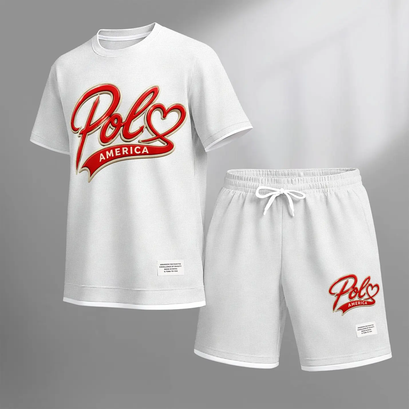 Men's American-style printed drawstring shorts set is ideal for spring and summer. This casual summer outfit includes a short-sleeved shirt and shorts, suitable for everyday wear and athletic activities.