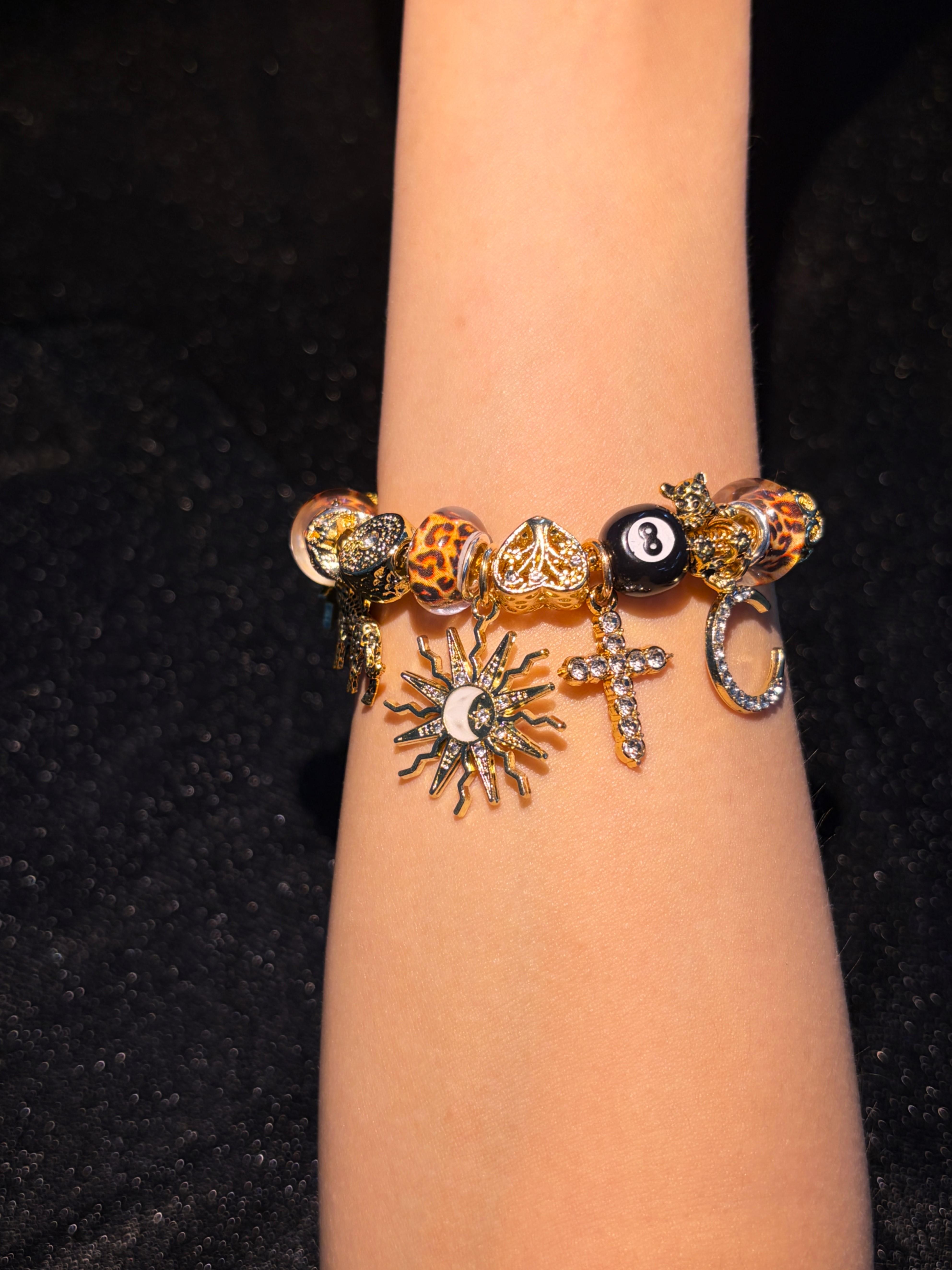 Women's Gold-Tone Leopard Print Charm Bracelet - Stackable Vintage Y2K Boho Beaded Bracelet with Sun, Moon, Star, Cross, Panther, 8-Ball Charms - Costume Jewelry Gift