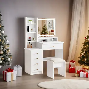 White dressing table set with 5 drawers, 3 shelves, a cushioned stool, and a smart LED mirror; a modern bedroom dressing table.