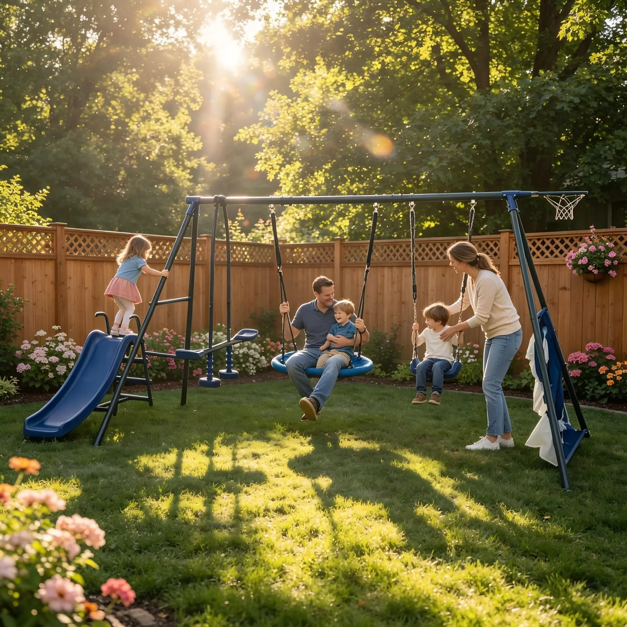 5-in-1 Backyard Swing Set for Kids, Large Outdoor Metal Playground Playset with Wave Slide, Web Saucer Swing, Standard Swing, Basketball Rim & Football Target Net Game