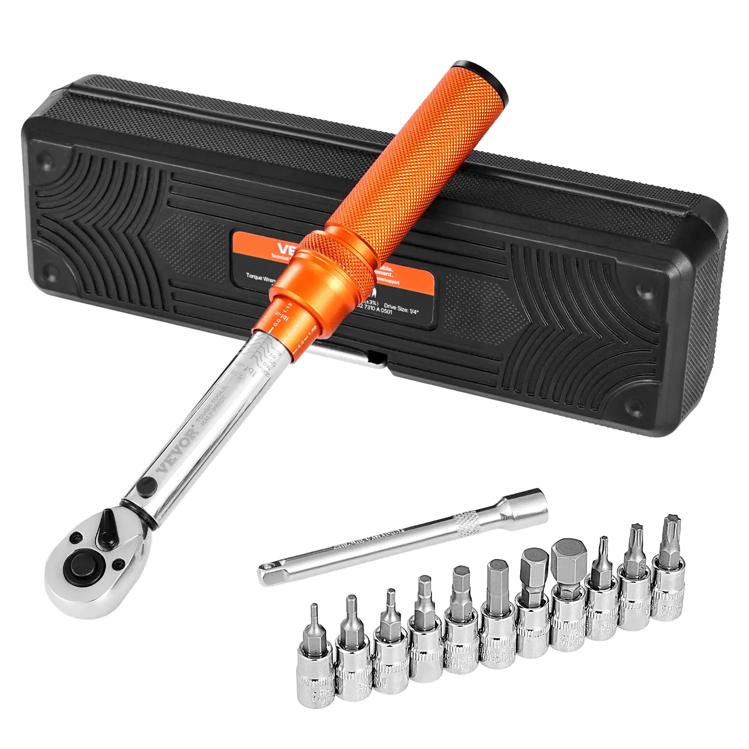【fathersdaygift】VEVOR 1/4 Inch Drive Click Ratchet Torque Wrench Set20-200lbf-in/2.3-22.6N.m72-Tooth ±3% High PrecisionDual-Direction Dual Range ScalesMechanic & Specialty Mechanic Tools with Bit SocketsExtension Bar for Bicycle RepairOrange, Heavy Duty W