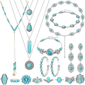 20 Pieces Silver    for Women Fashion Costume Jewels Turquoise Necklace Bracelet Ring  Western Turquoise   for Women high quality design  collection woman lady necklace  Turquoise Layered Necklaces  Turquoise