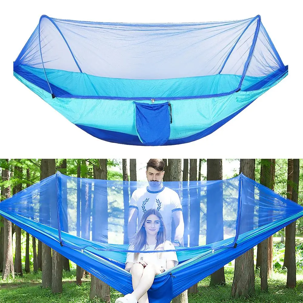Camping Hammock with Pop-Up Mosquito Net Featuring Durable Bug Net Fabric, 210T Nylon Fabric, Complete Set Includes Straps for Camping, Outdoor Camps, Bug Netting