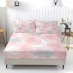 3PCS Cute Pink Moon & Star Fitted Sheet Set, Kawaii Printed Bed Sheet Set, Soft Kids Bedding Set No Fillers,Deep Pocket Wrinkle Free Soft and Cozy Bedding, for Girls Toddlers Bedroom & Nursery Room Decor, Decorative Bedsheet Sets