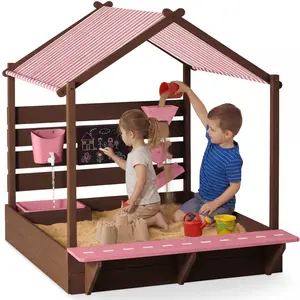 Best Choice Products Deluxe Wooden Sandbox with Canopy, Water Table, Bench Seat, Outdoor Kids Playset