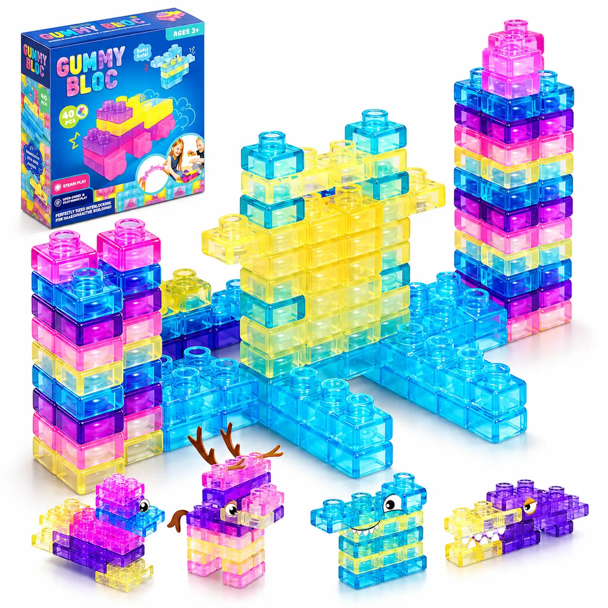 Soft Jelly Building Blocks for Kids, 40PCS Squishy Stacking Blocks Kids Can Squeeze, Stretch & Squish, Ouch-Free Sensory Construction Toy for Toddlers Preschool Ages 3+
