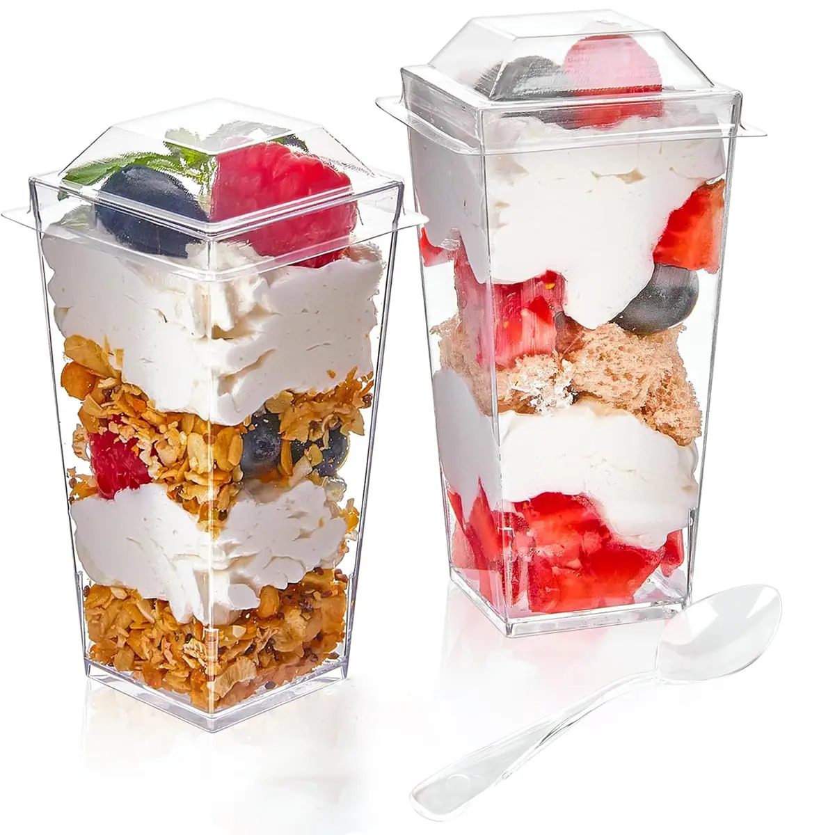 50-Pack Square Dessert Cups with Lids & Spoons – Disposable Parfait Containers for Pudding, Jelly & Ice Cream