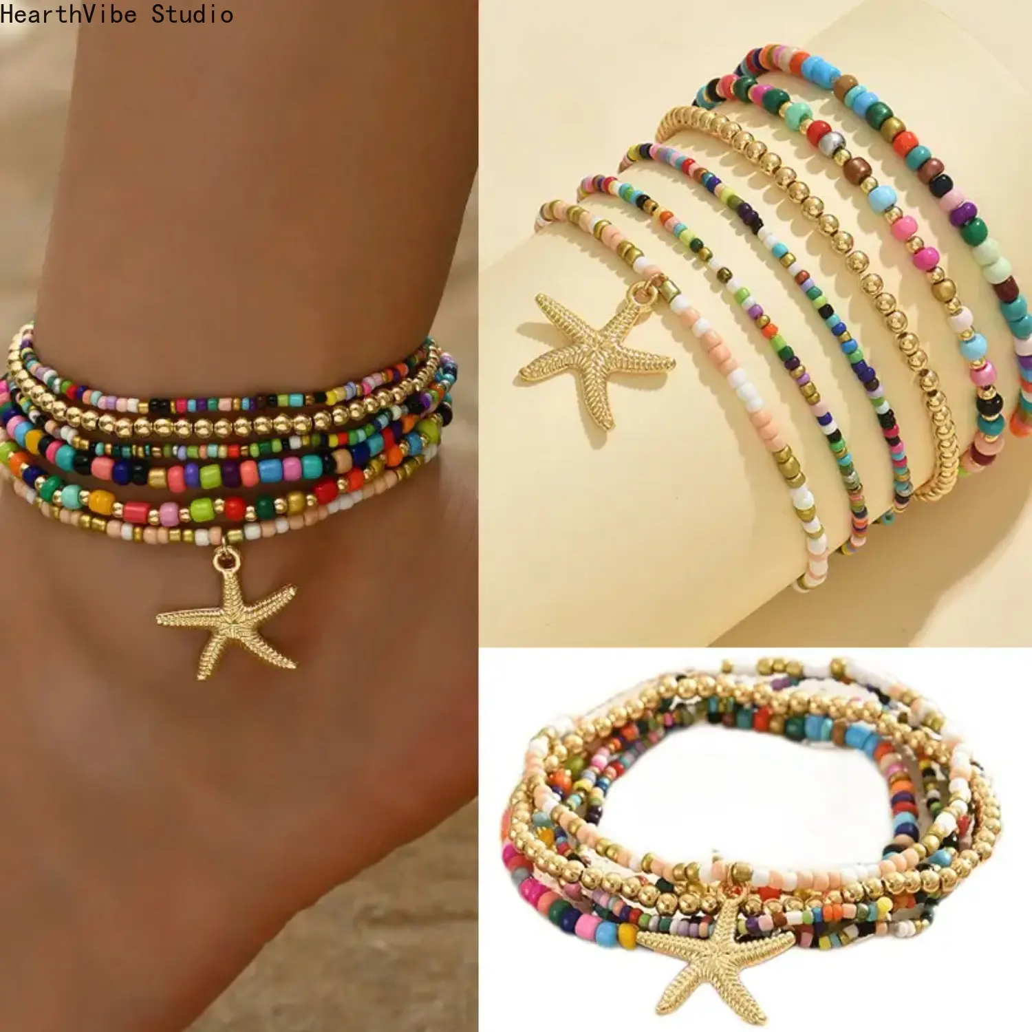 6Pcs Boho Starfish Beaded Anklet Set - Gold Pendant, Colorful Rice Bead, Multi-Layer Stackable Handmade Elastic Ankle Bracelets for Vacation, Summer Party (Sports & Outdoor Accessories)