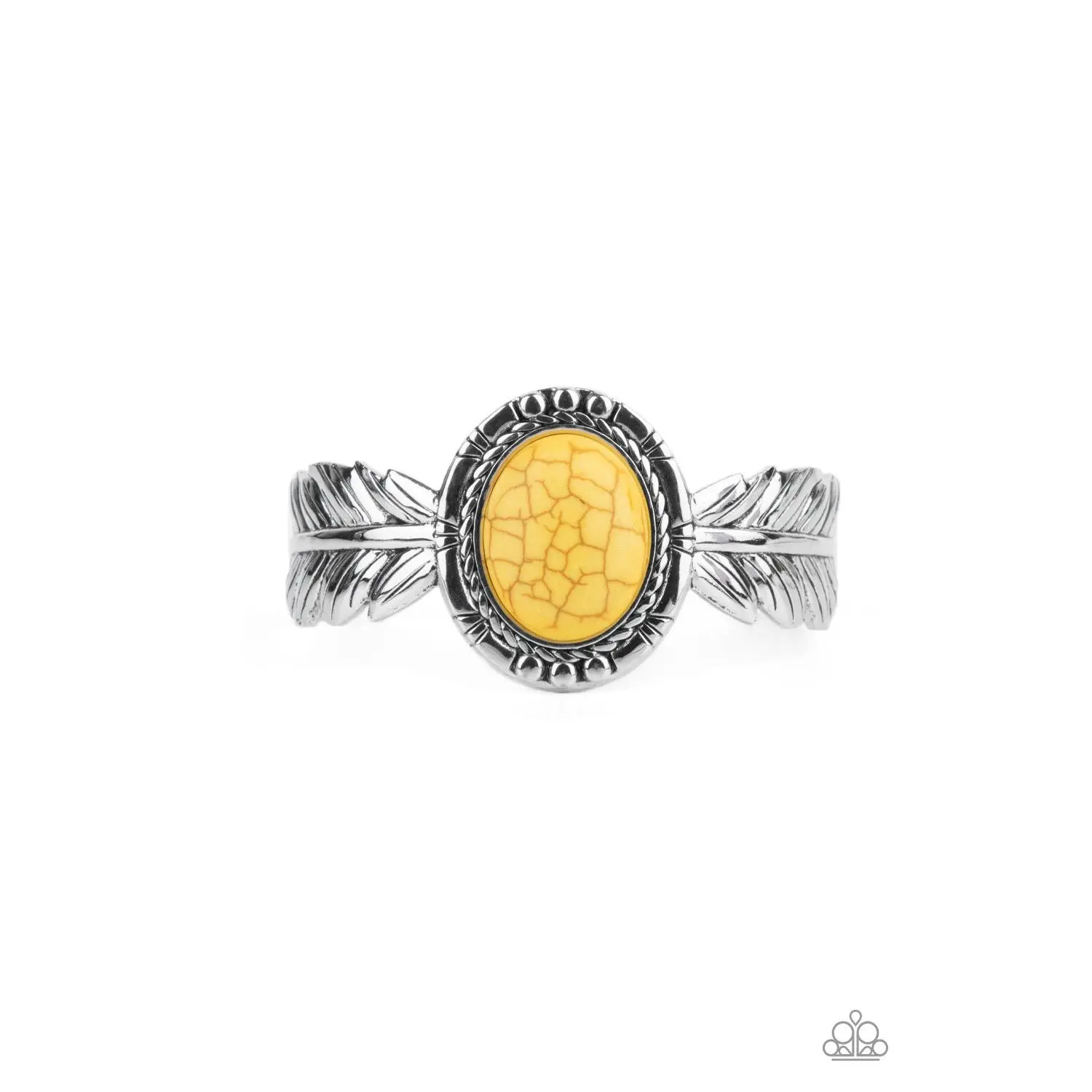 Western Wings - Yellow Stone Silver Feather Cuff Bracelet - Paparazzi