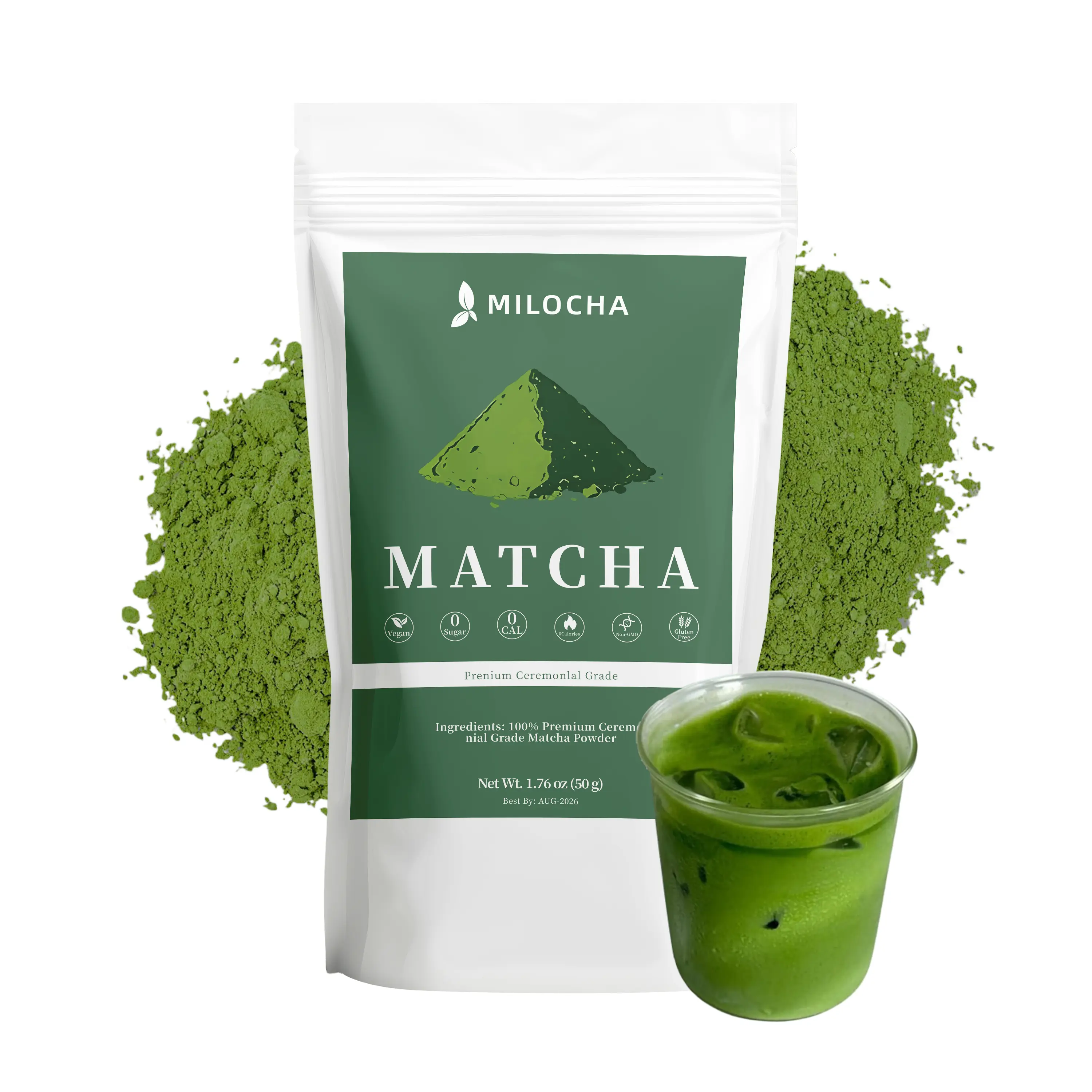 MILOCHA Ceremonial Grade Matcha Powder (50g/1.75oz) - Traditional Premium Sugar-Free Beverage Tea, Smooth, Vibrant, Savory Flavor, Stone Ground Antioxidant Green Tea for Matcha at Home & Smoothies