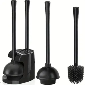 2-in-1 Toilet Brush and Long-Handle Plunger Set - Independent Design, Rotating Head, Durable Black Plastic, Freestanding Bathroom Cleaning Tool Kit, Bathroom Accessories, Toilet Accessories