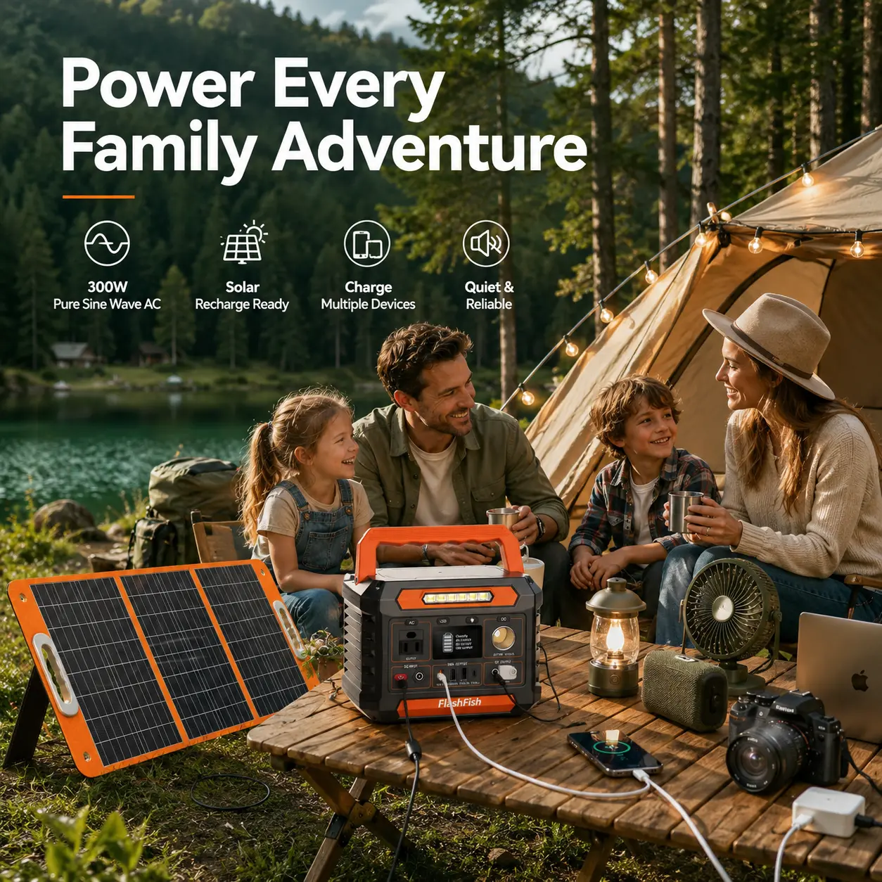 300W Portable Power Station with 230.88Wh Li-Ion Battery Bank, 18V-60W Foldable Solar Charger, AC/USB/DC Outputs for Camping & Home Emergencies