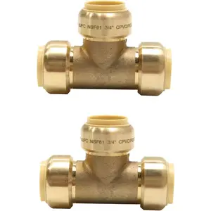 (Pack of 2)  3/4 Inch Tee Push-Fit Fitting to Connect Pex, Copper, CPVC With Disconnect Clip