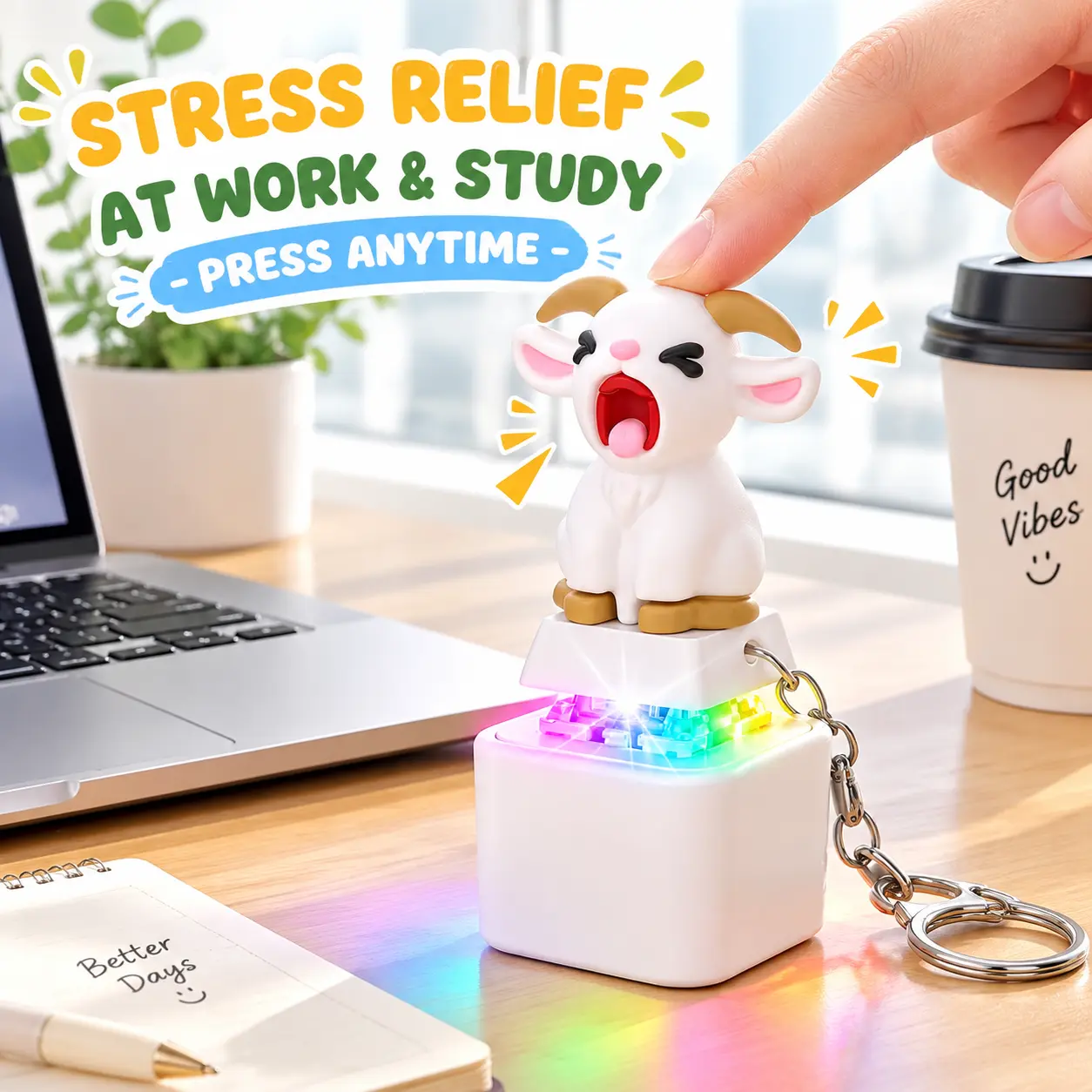 Screaming Goat Fidget Keychain Fidget Toys, Rechargeable Type-C Press Toy with LED Colorful Light, Baa Sound, Stress Relief Novelty Gag Gift for Kids, Adults