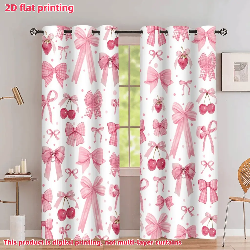 2D Flat 2Pcs Romantic Pink Bow & Cherry Print Curtains, Window Drapes for Bedroom, Living Room, Semi-Shade Privacy Protecting Treatment Panels, Home Decor, Accessory, Anti Privacy, Home Decoration Curtain